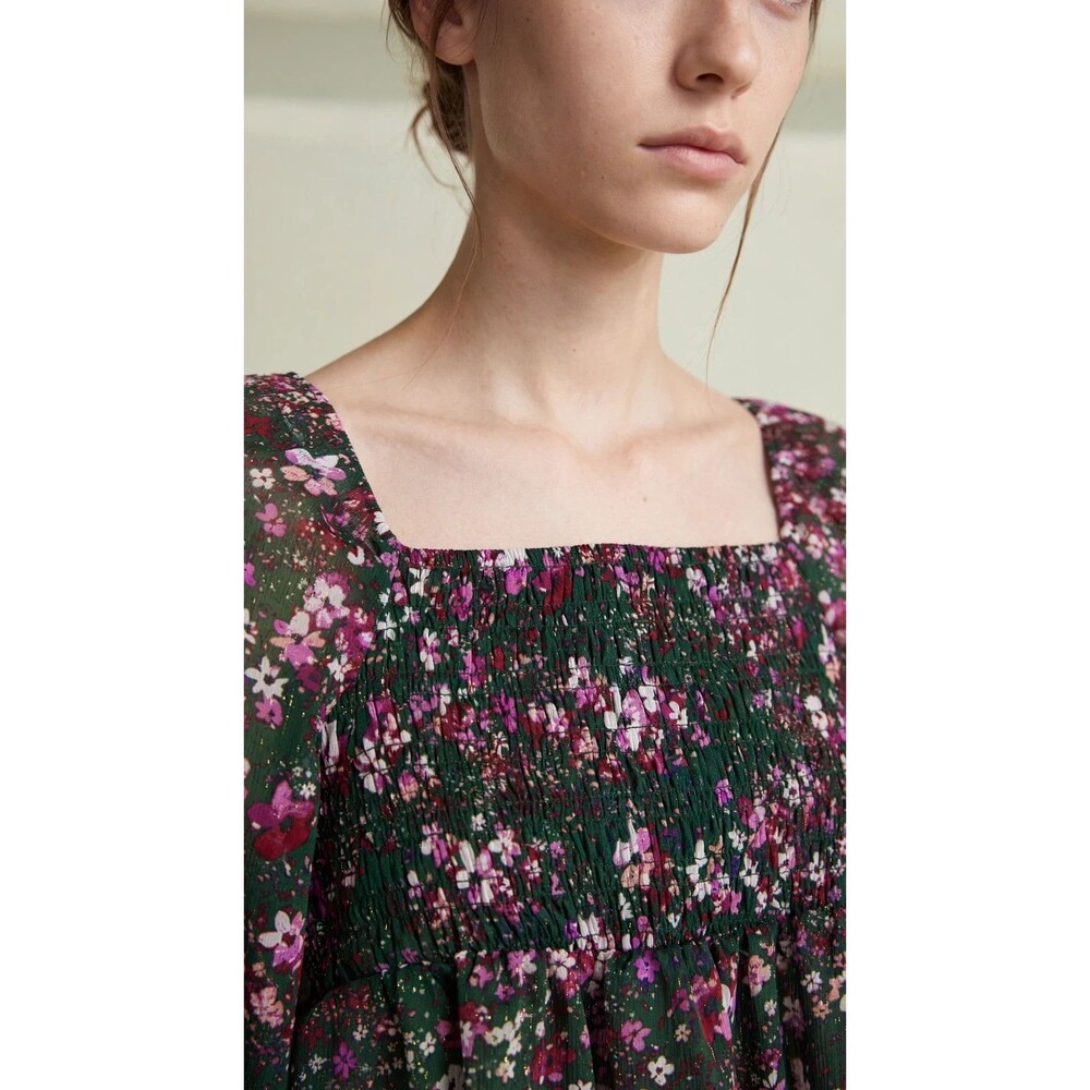 Love Fire Womens M Green Floral Metallic Smocked Square Neck Peplum Blouse Boho